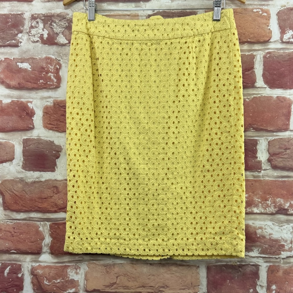 Talbots Pencil Skirt Women's 16W Yellow Embroidered Eyelet Casual Career Zip Up